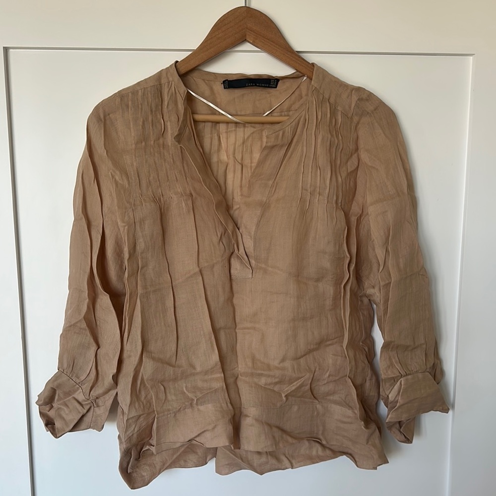 Zara Tan Blouse with Cuffed Sleeves and Mandarin Collar